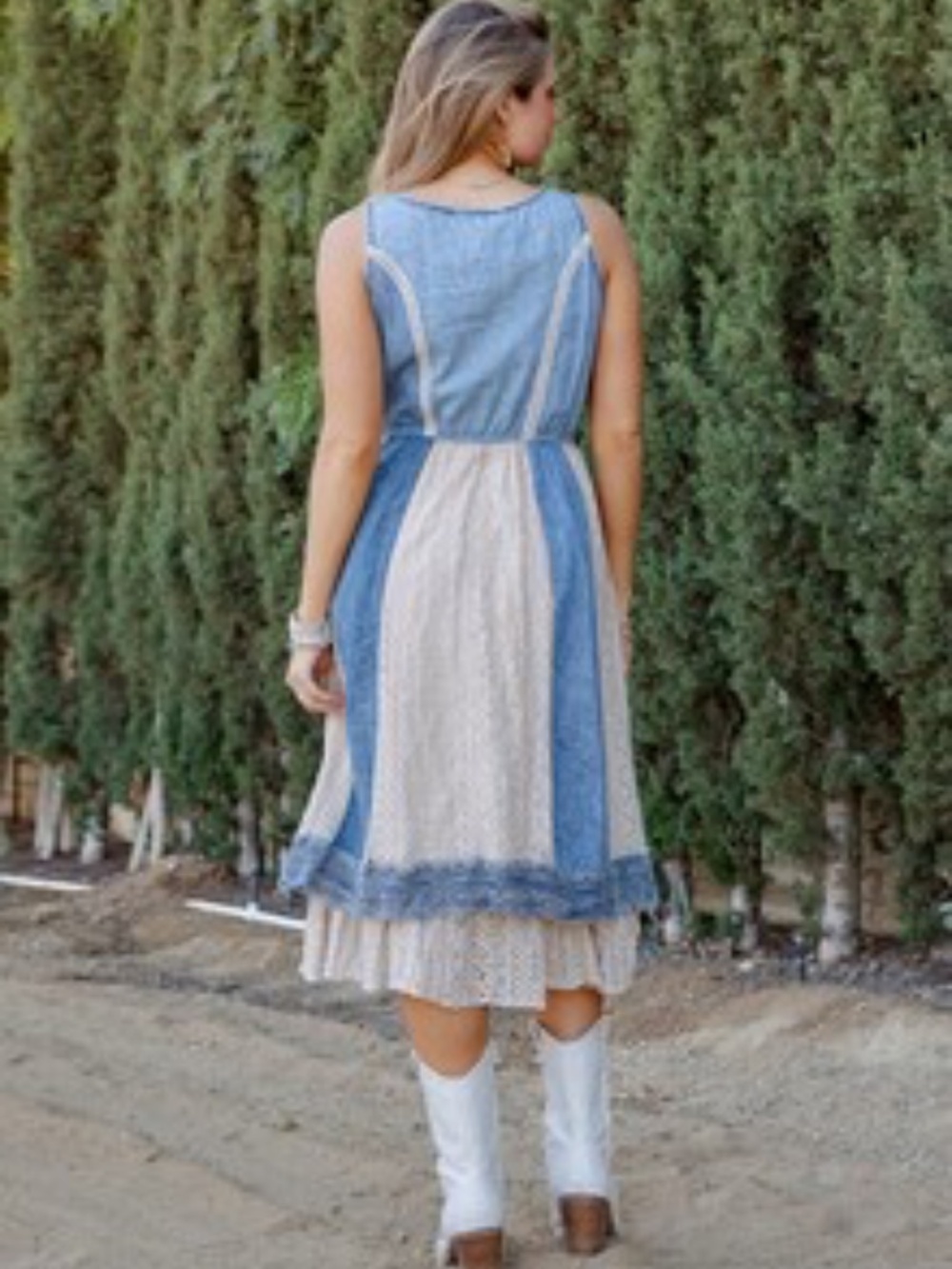 "The Rosina" Vintage-Inspired Denim and Cream Lace Maxi Dress - Picture 5 of 7